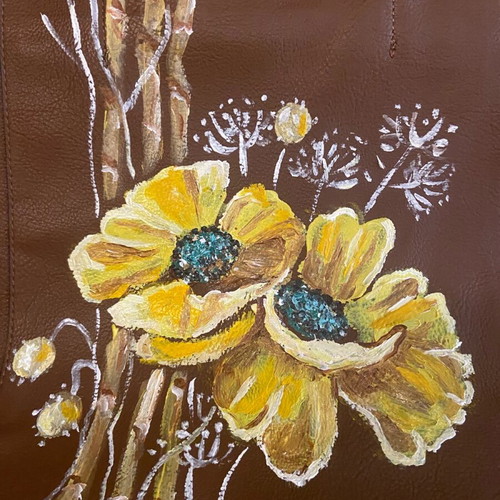 Painted bag with yellow poppies new, brown, large capacity 40x45