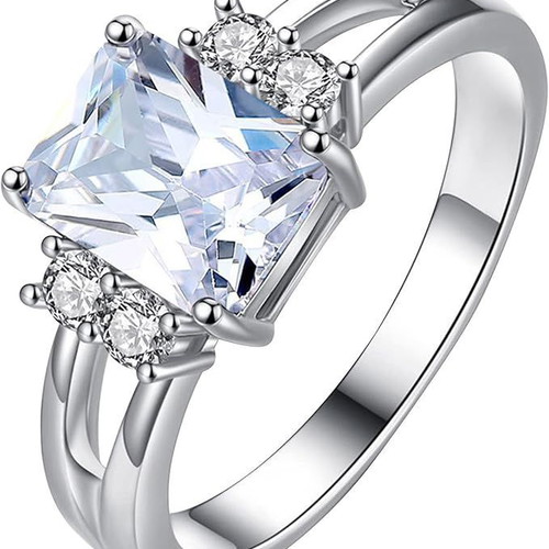 Ring with white zircon new, silver metal with rhodium plating