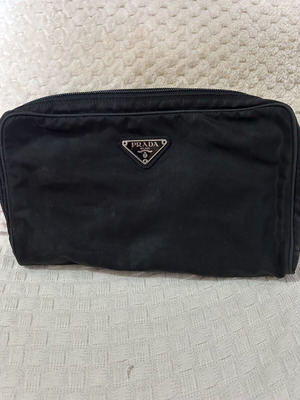 Prada handbag used, black, multiple compartments, zipper needs repair