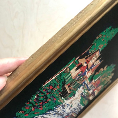 Decorative frame used with vintage fabric print and golden frame 35x32cm