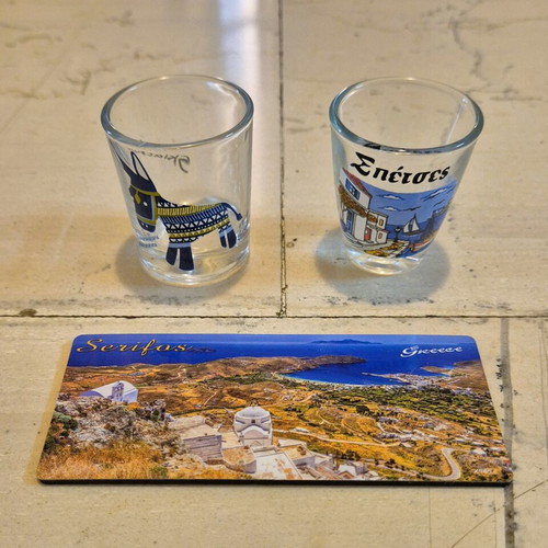 Souvenir set with shot glasses and magnet from Skiathos, Spetses, Serifos