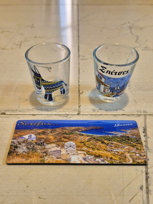 Souvenir set with shot glasses and magnet from Skiathos, Spetses, Serifos