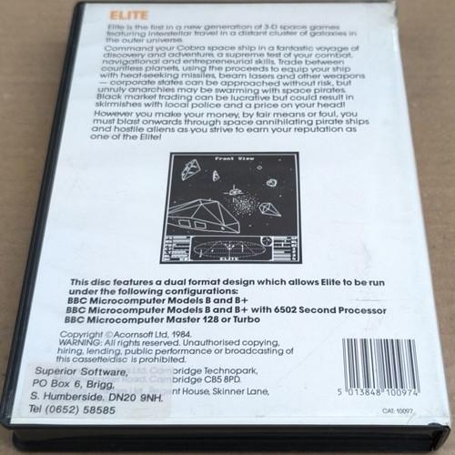Elite (Superior Software / Acornsoft) BBC Micro Disk like new, complete box