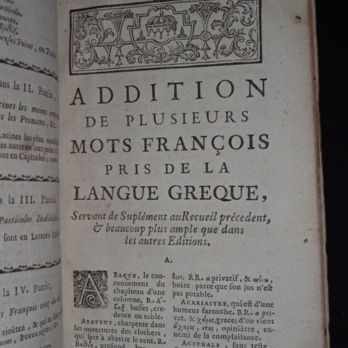 18th century book used, Greek roots, linguistics, etymology
