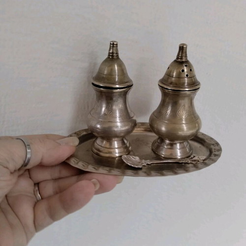 Vintage silver-plated salt and pepper shaker set with tray
