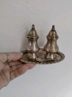 Vintage silver-plated salt and pepper shaker set with tray