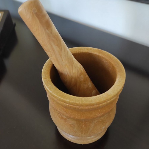 Mortar and pestle new, wood color, melamine material