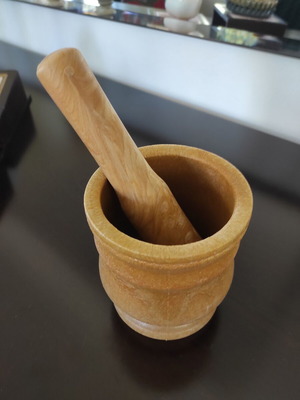 Mortar and pestle new, wood color, melamine material