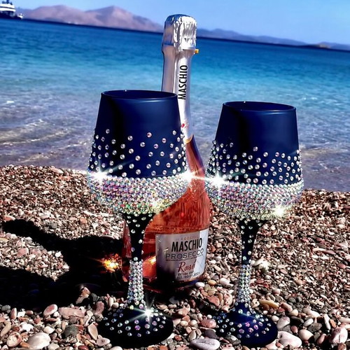 Handmade dark blue glasses with Swarovski crystals, set of 2