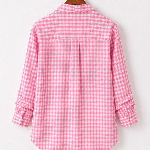 Women Pink Gingham Button-Up Cotton Shirt XL