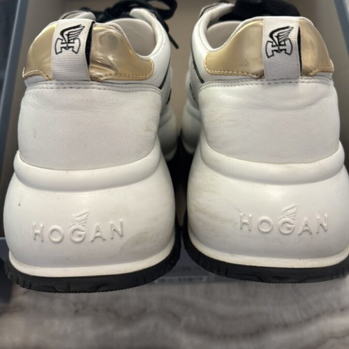 Hogan white leather sneakers with black and gold details, size 39.5