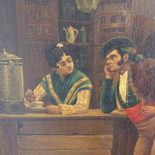 Antique Spanish Tavern Scene Oil Painting on Wooden Panel used