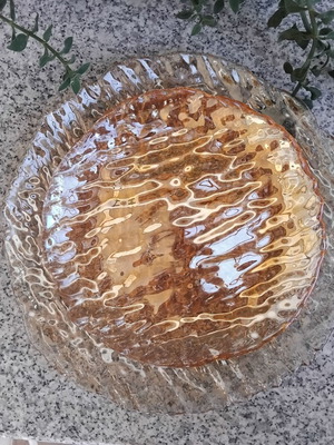 Vintage σετ πάστας από κεχριμπαρένιο γυαλί με πιατέλα και 6 πιατάκια