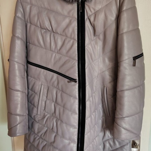 Winter leather jacket for women, gray pearl color, natural leather