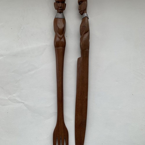 Vintage woodcarved decorative fork and knife like new