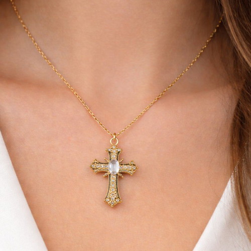 Cross necklace new, gold-colored steel