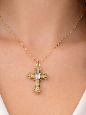 Cross necklace new, gold-colored steel