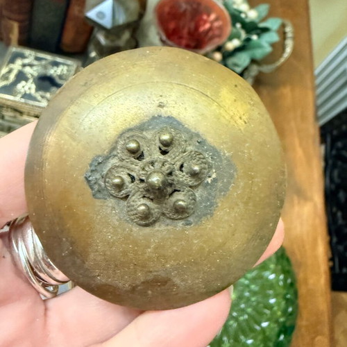 Vintage decorative box used, alabaster with bronze lid