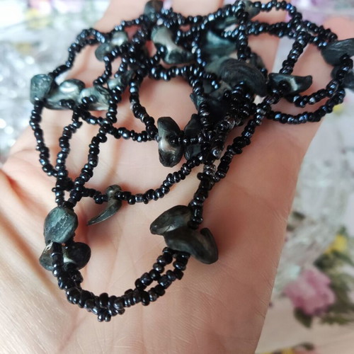 Handmade long necklace with black beads and shell chips like new