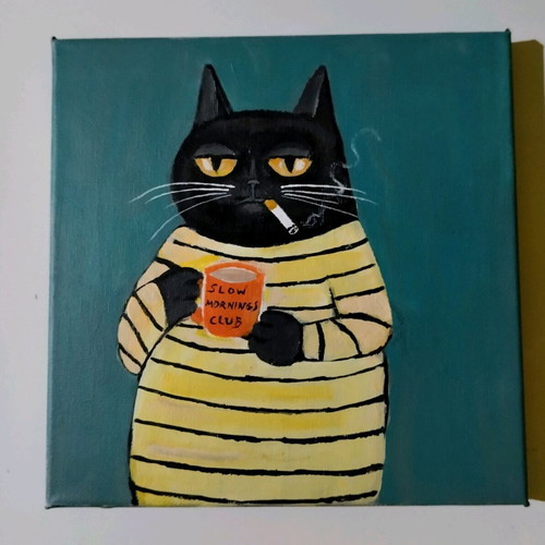 Cat motif canvas painting new with acrylics 20×20 cm