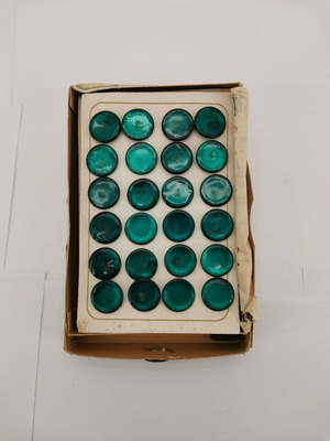 Green vintage celluloid buttons used, 1960s
