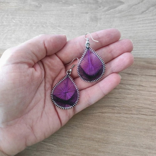 Handmade earrings like new dreamcatcher shape with purple thread