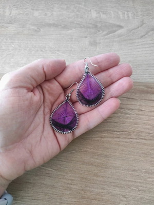 Handmade earrings like new dreamcatcher shape with purple thread
