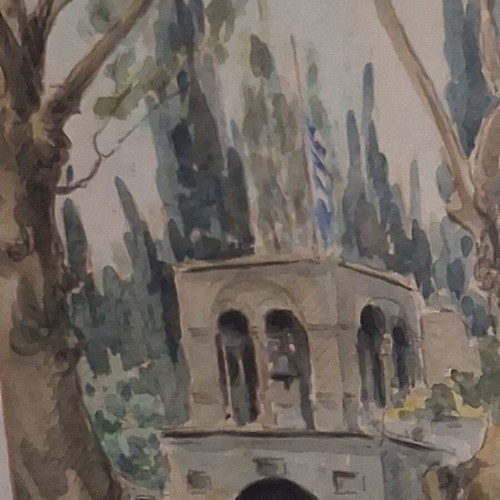 Evangelos Klonaridis Signed Watercolor Greek Festival Monastery Scene