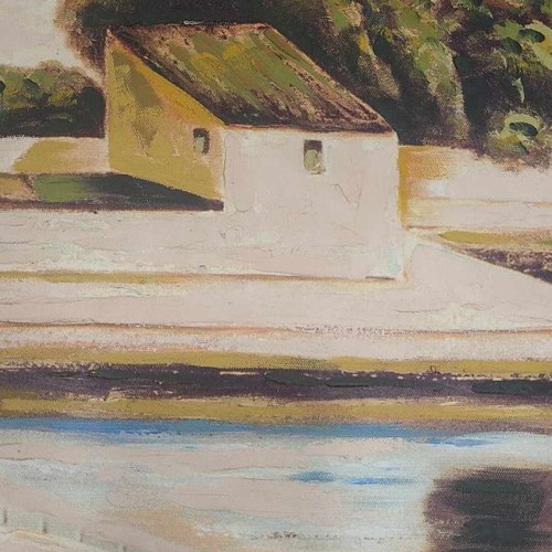 Handmade painting on canvas used, boats at sea