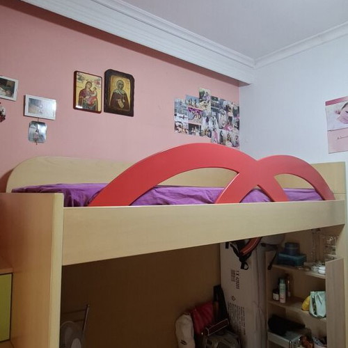 Bunk bed with stairs and storage drawers, beige with red and green