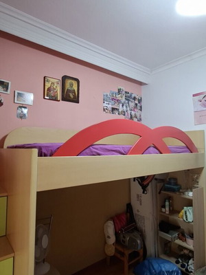 Bunk bed with stairs and storage drawers, beige with red and green