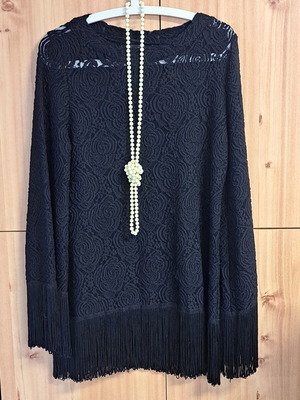 Black blouse with embossed design and fringes, like new, size 4XL