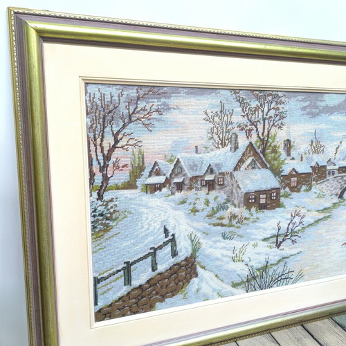 Handmade embroidery depicting snowy village, like new