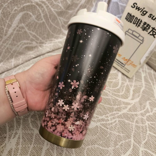Floral Thermos Cup with Straw and Lid, New, 530 ml