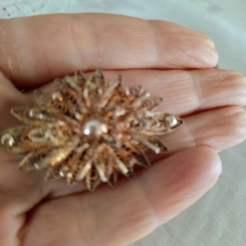 Vintage filigree sun brooch with pearls used