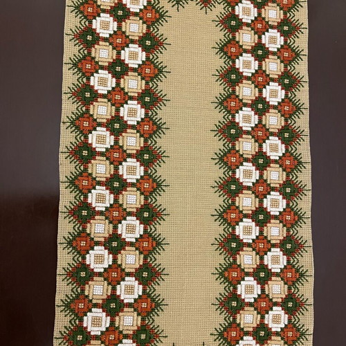 Vintage handmade table runner 68x28cm with dense geometric embroidery used