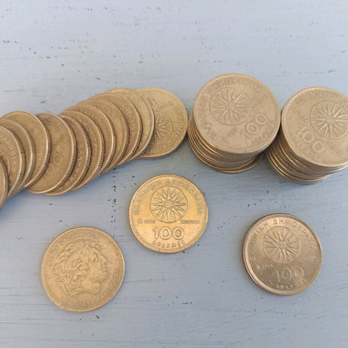 100 Drachma Coins with Alexander the Great and Vergina Sun used, pack of 20