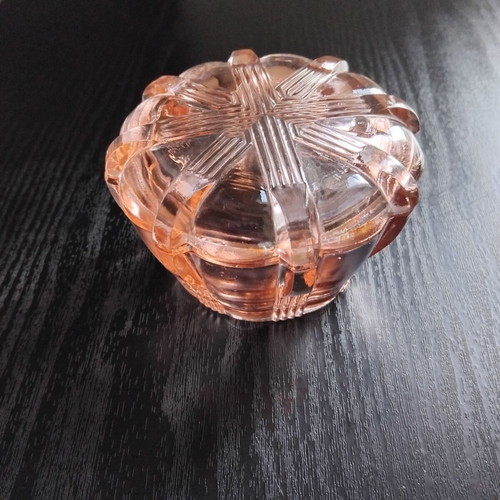 Vintage glass box with lid Art Deco style, used, pink-peach