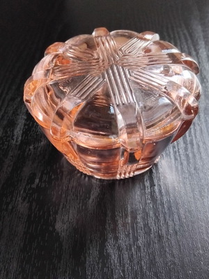Vintage γυάλινο κουτί με καπάκι Art Deco, μεταχειρισμένο, ροζ-σομόν