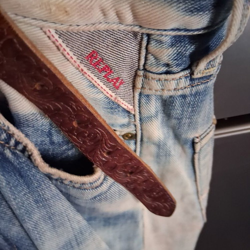 Replay shoulder bag used, blue denim with leather handles