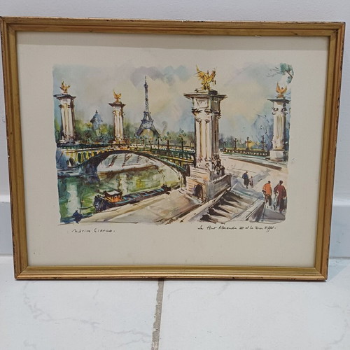 Paris lithograph used, landscape with Alexandre III bridge and Eiffel tower