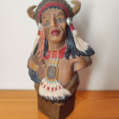 Vintage Native American Warrior Bust with Horned Headdress used