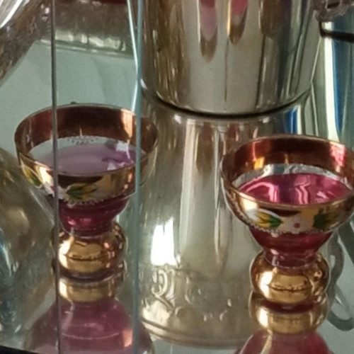 Vintage glasses used, set of 2, pink and gold