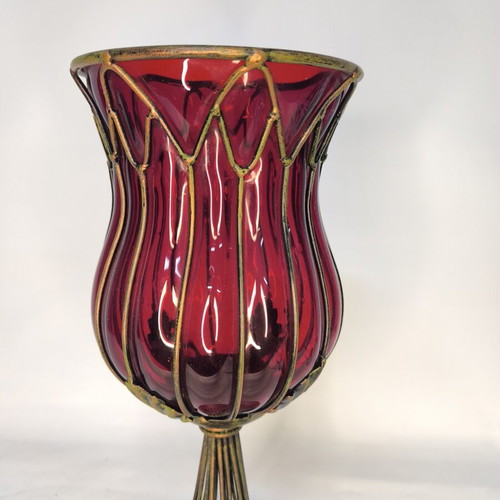 Handmade red glass vase candleholder with metal base and cage new