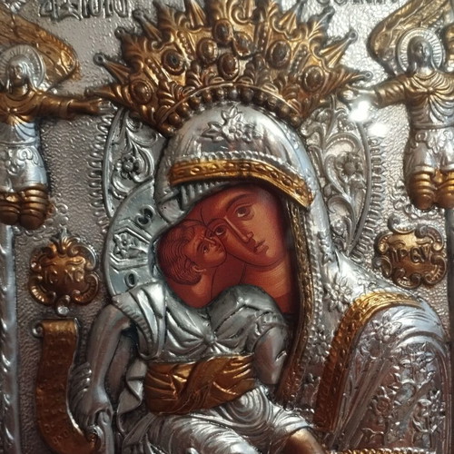 Orthodox silver icon of Virgin Mary and Jesus like new