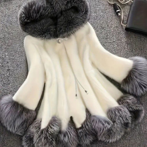 Luxury women's winter coat with hood, XL, white with grey fur trim