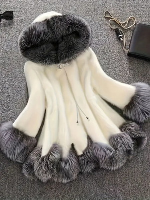 Luxury women's winter coat with hood, XL, white with grey fur trim