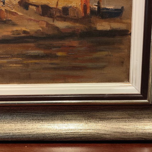 Oil painting on canvas by Antonis Karras used, seaside landscape with fishing boats