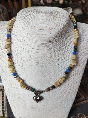 Handmade boho necklace with heart pendant, like new, beige and silver