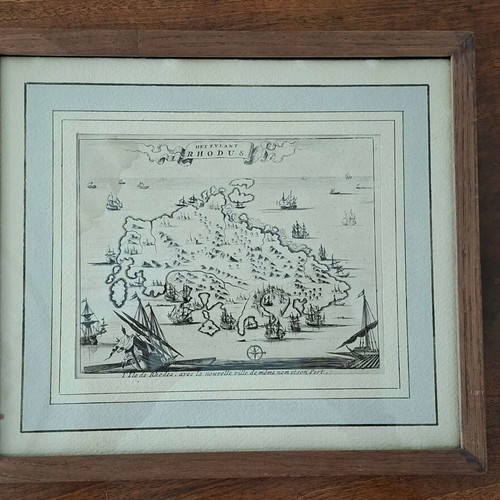 Engraving of Rhodes 1687 by O. Dapper used, copperplate with frame